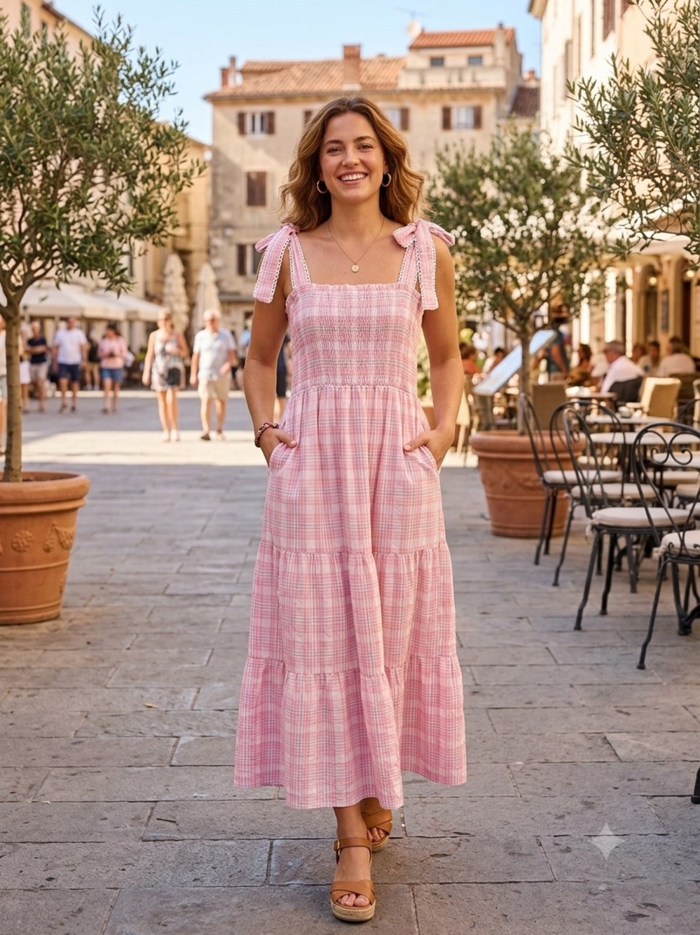 &merci Pink Plaid Smocked Maxi Dress with Tie Straps & Pockets Cotton Summer L
